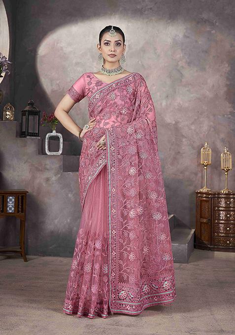 Pink Embroidered Net Saree Set