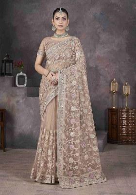 Beige Embroidered Net Saree Set