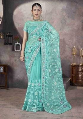 Sea Green Embroidered Net Saree Set