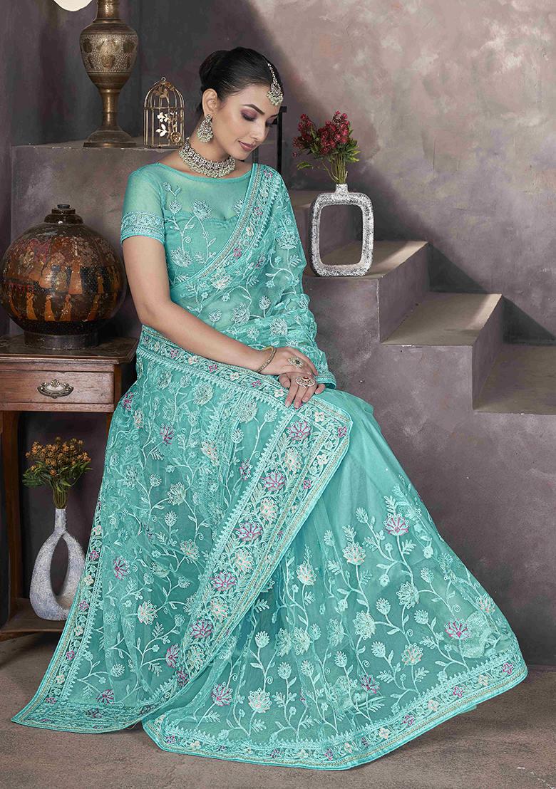 Sea Green Embroidered Net Saree Set