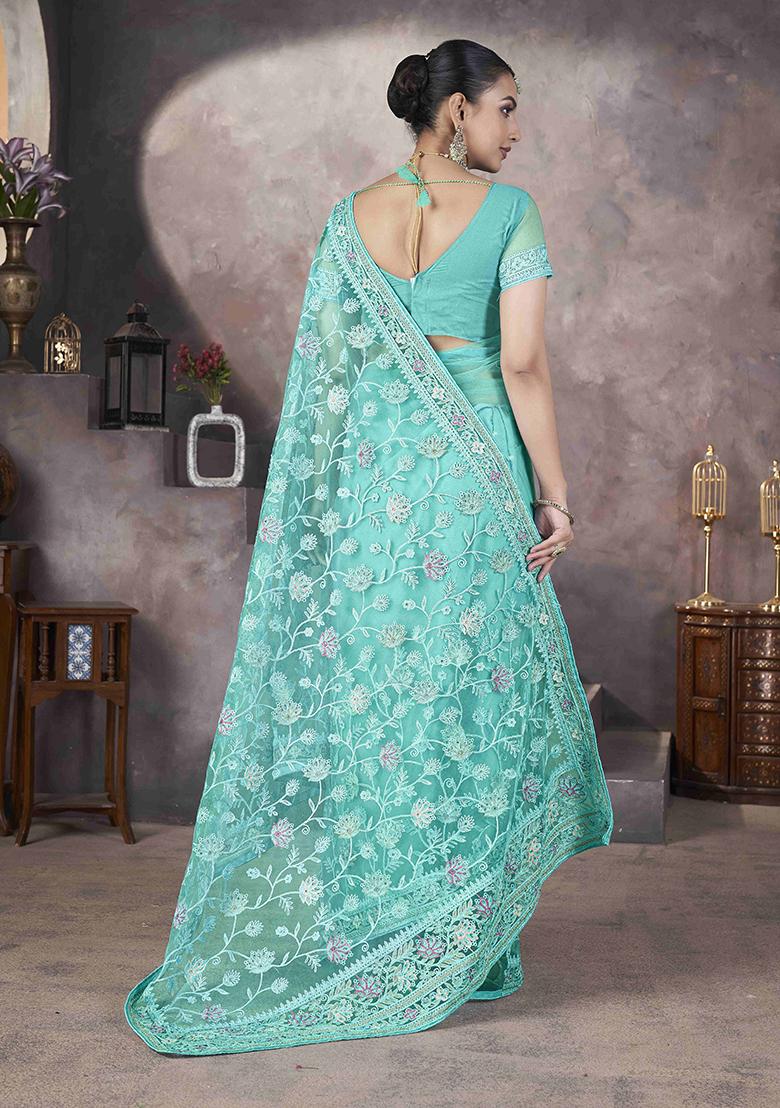 Sea Green Embroidered Net Saree Set