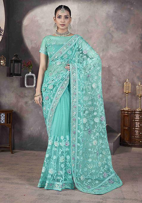 Sea Green Embroidered Net Saree Set