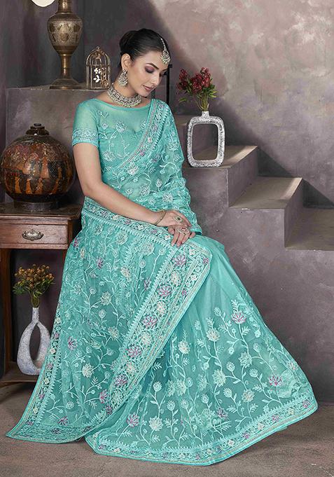 Sea Green Embroidered Net Saree Set