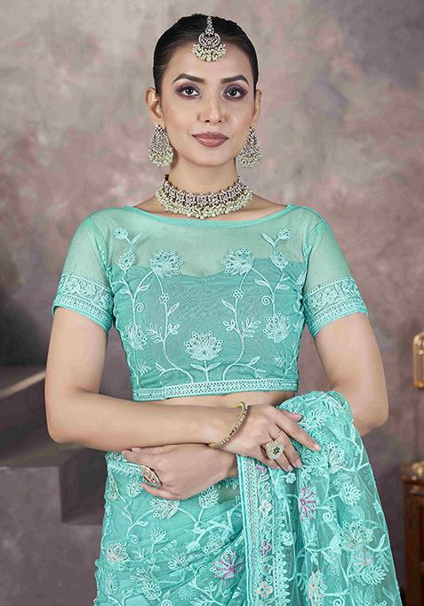 Sea Green Embroidered Net Saree Set