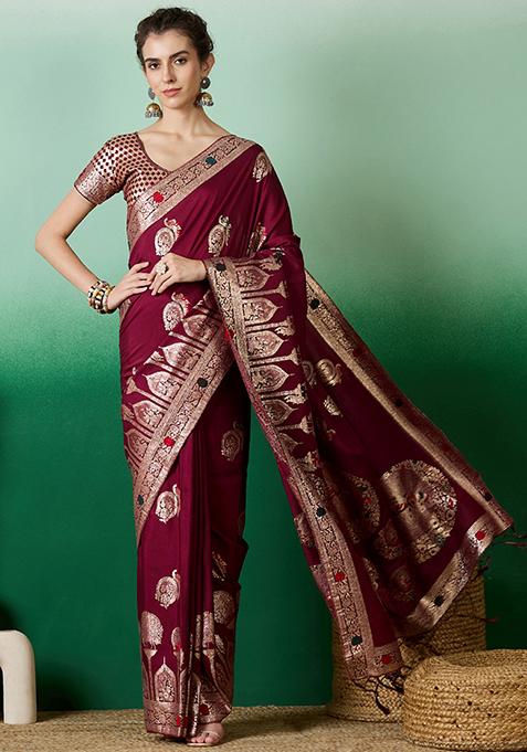 Maroon Woven Blended Cotton Saree Set