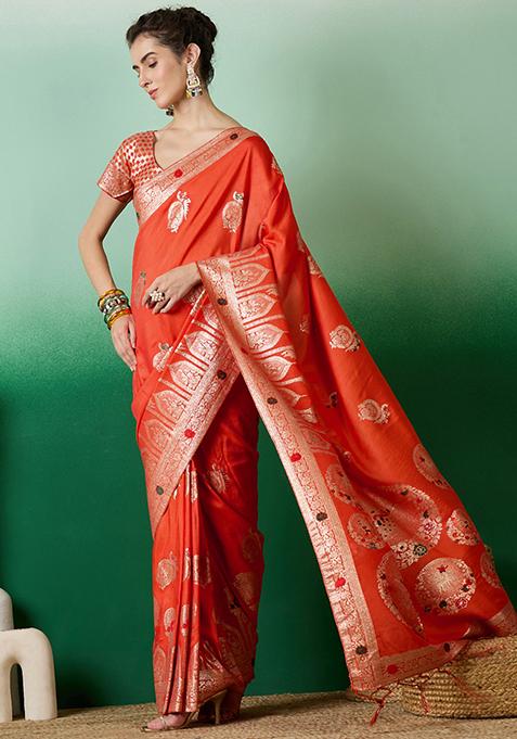 Orange Woven Blended Cotton Saree Set