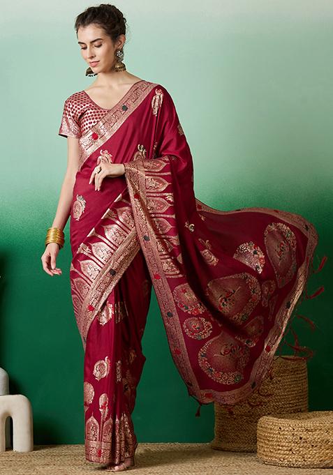 Red Woven Blended Cotton Saree Set