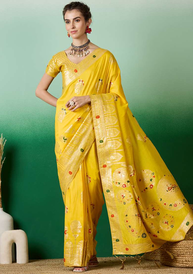 Yellow Woven Blended Cotton Saree Set - Indya