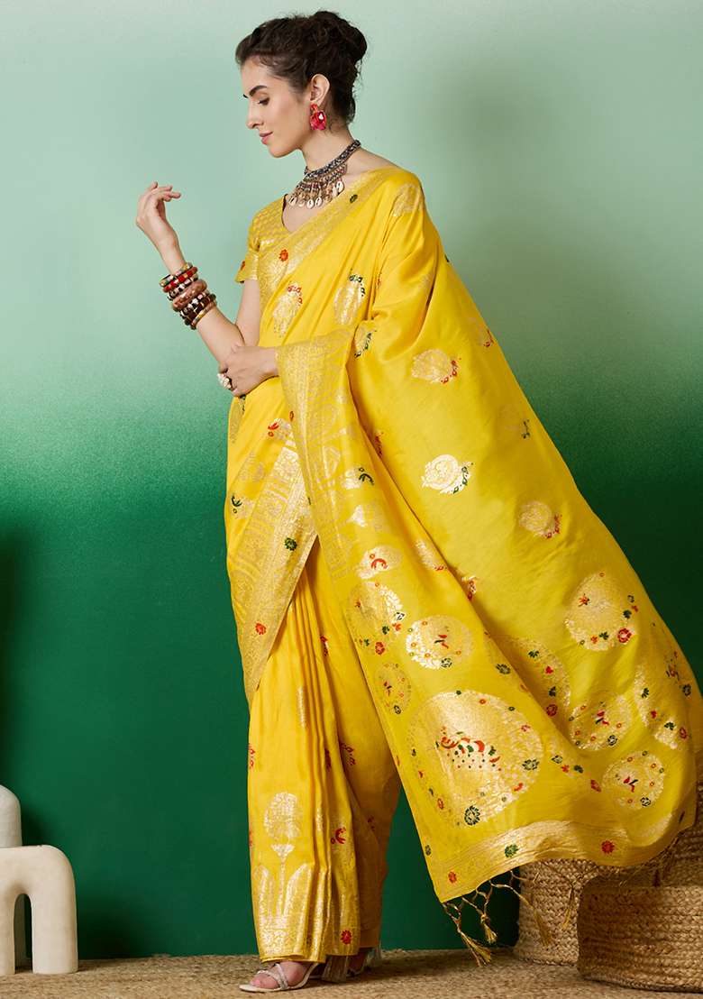 Yellow Woven Blended Cotton Saree Set - Indya