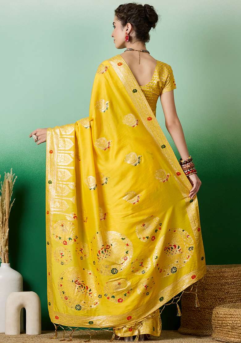 Yellow Woven Blended Cotton Saree Set - Indya