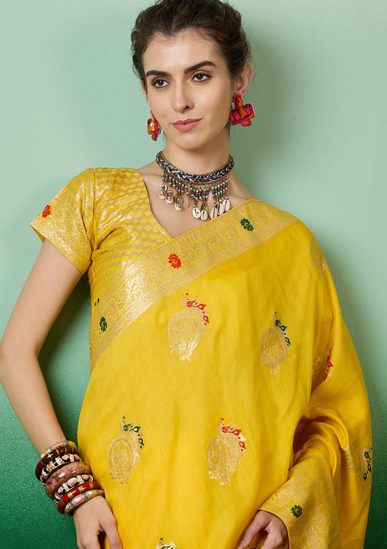 Yellow Woven Blended Cotton Saree Set - Indya