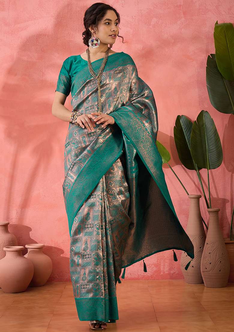 Green Woven Silk Blend Saree Set - Indya