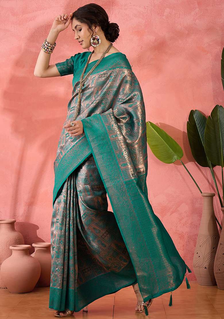 Green Woven Silk Blend Saree Set - Indya