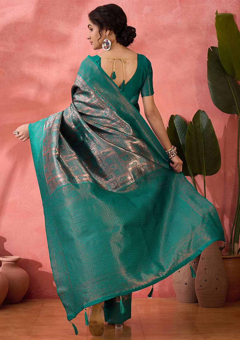 Green Woven Silk Blend Saree Set - Indya