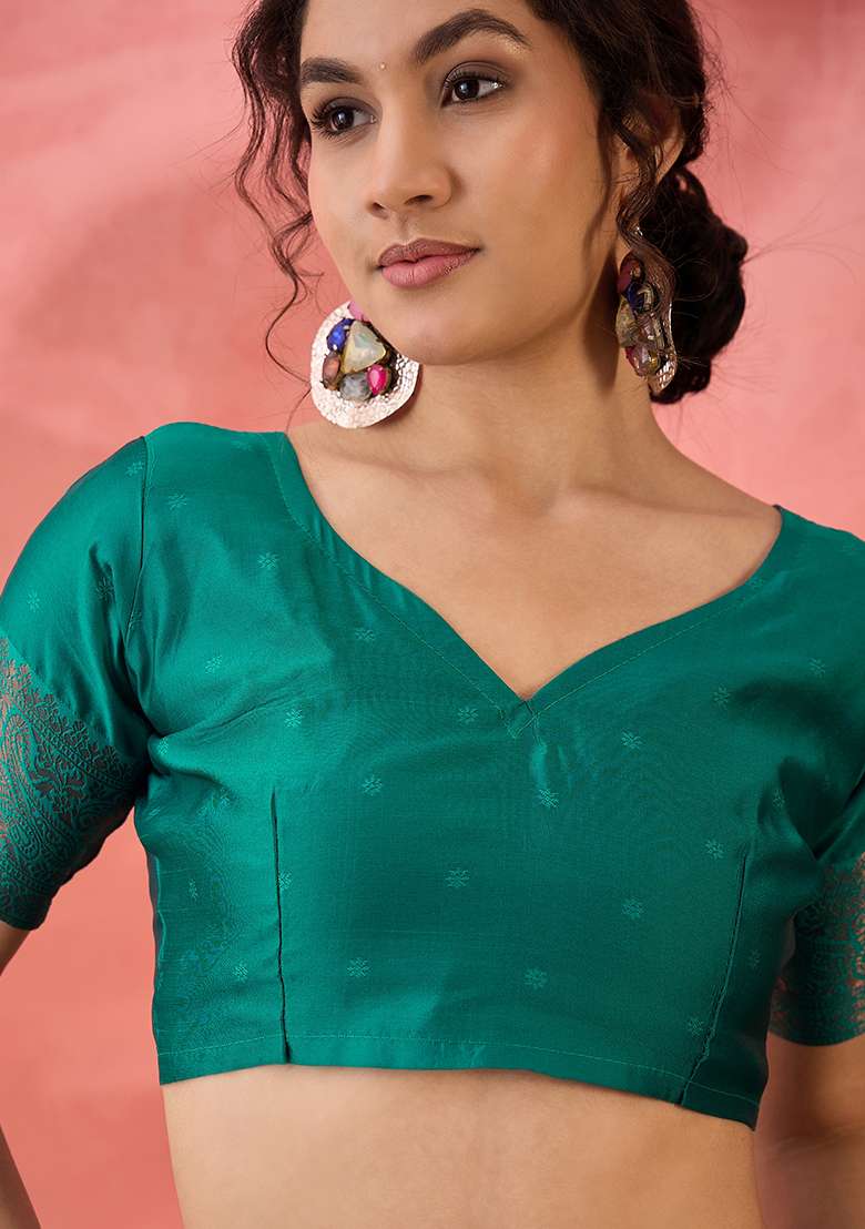 Green Woven Silk Blend Saree Set - Indya