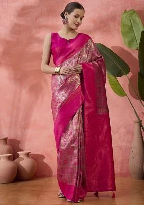 Pink Woven Silk Blend Saree Set