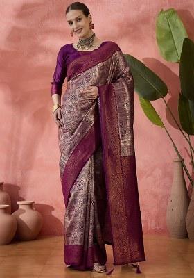 Purple Woven Silk Blend Saree Set