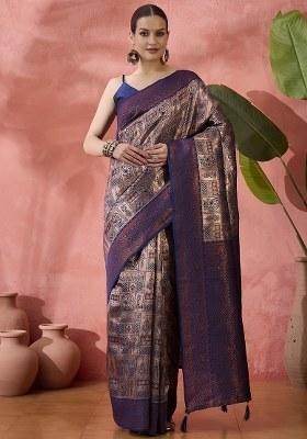 Blue Woven Silk Blend Saree Set