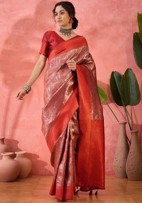 Brown Woven Silk Blend Saree Set