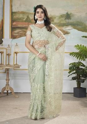 Green Embroidered Net Saree Set