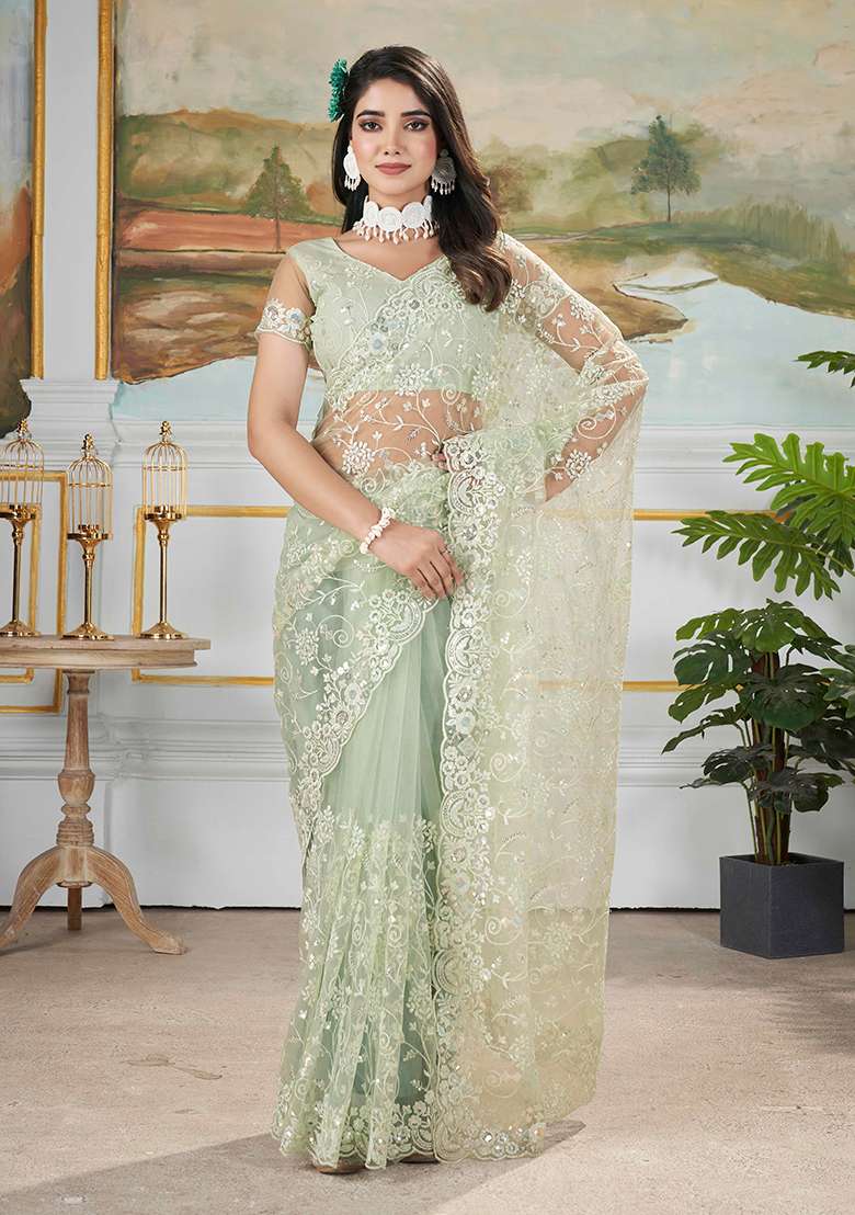 Green Embroidered Net Saree Set - Indya