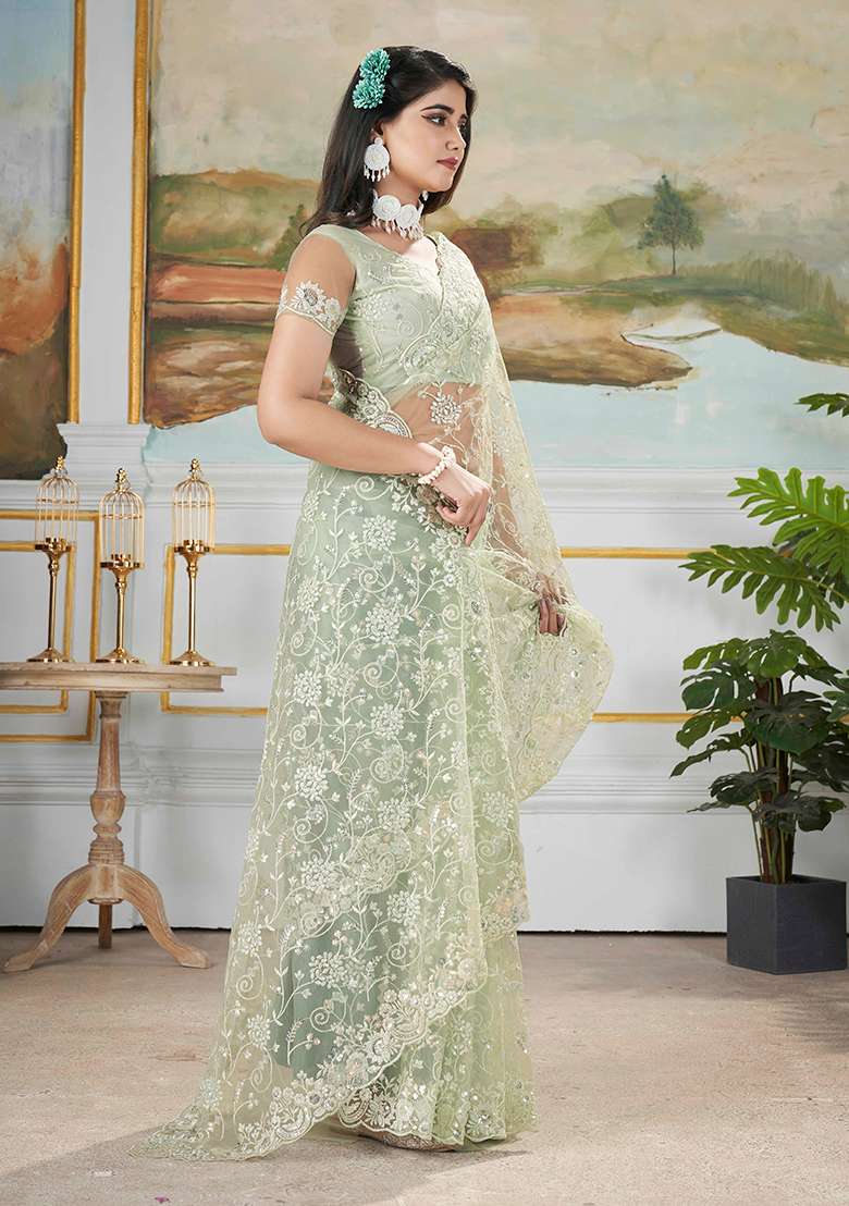 Green Embroidered Net Saree Set - Indya