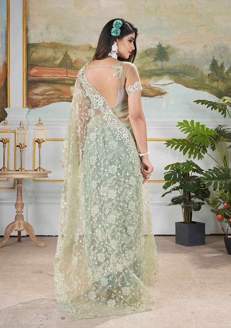 Green Embroidered Net Saree Set - Indya