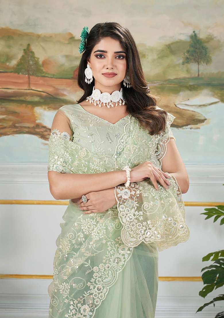 Green Embroidered Net Saree Set - Indya