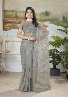 Grey Embroidered Net Saree Set