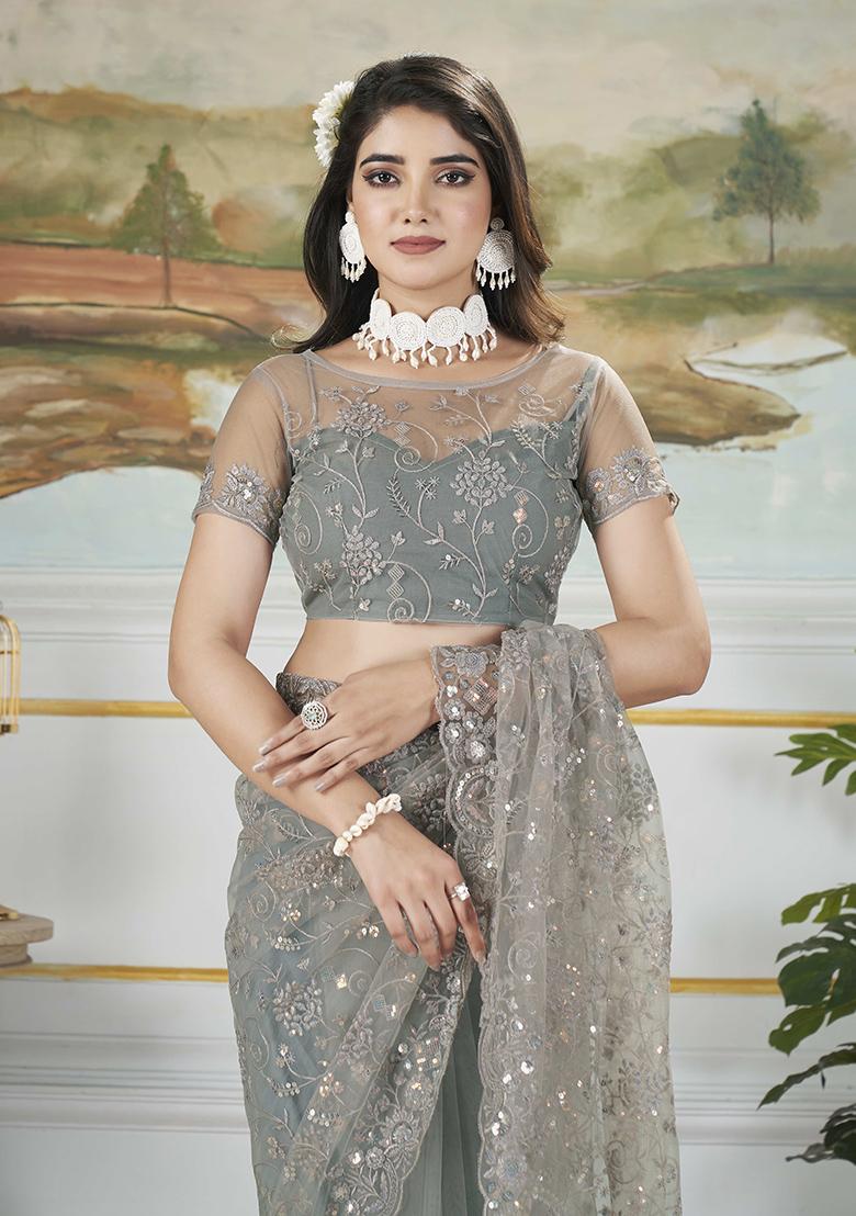 Grey Embroidered Net Saree Set - Indya