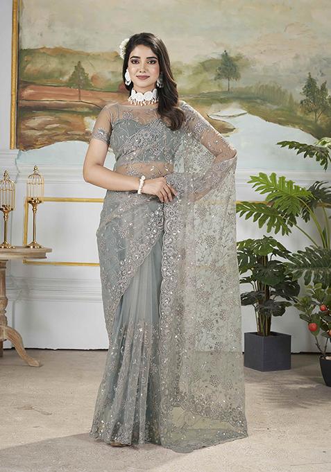 Grey Embroidered Net Saree Set