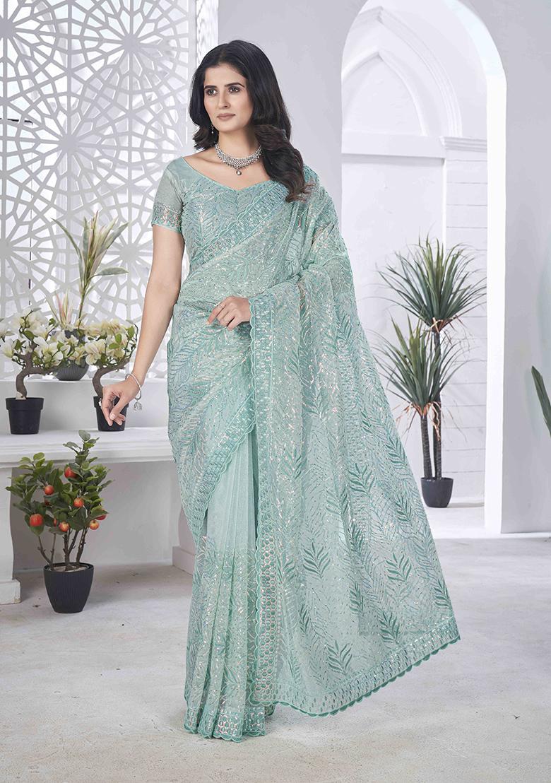 Sea Green Embroidered Faux Tissue Saree Set