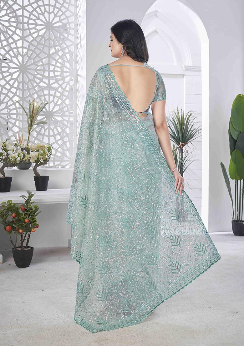 Sea Green Embroidered Faux Tissue Saree Set
