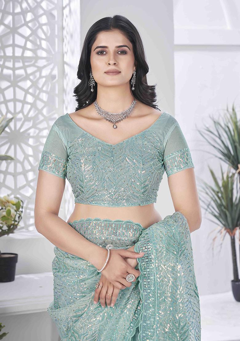 Sea Green Embroidered Faux Tissue Saree Set