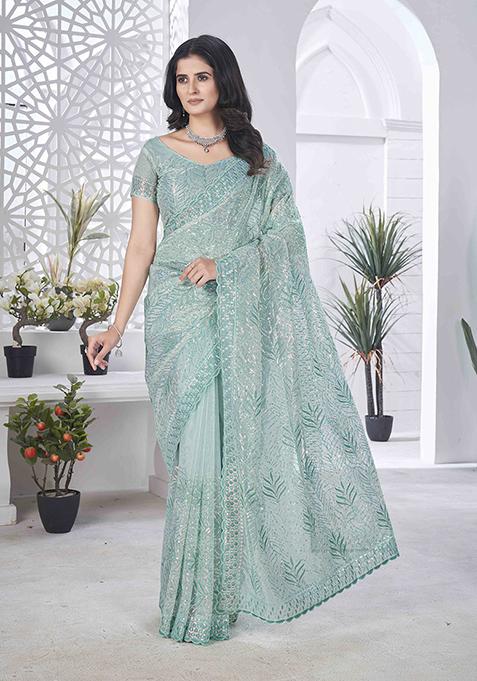 Sea Green Embroidered Faux Tissue Saree Set