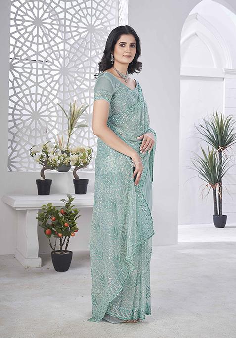 Sea Green Embroidered Faux Tissue Saree Set