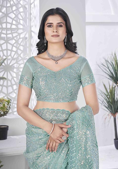 Sea Green Embroidered Faux Tissue Saree Set