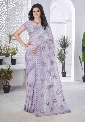 Lavender Embroidered Faux Tissue Saree Set