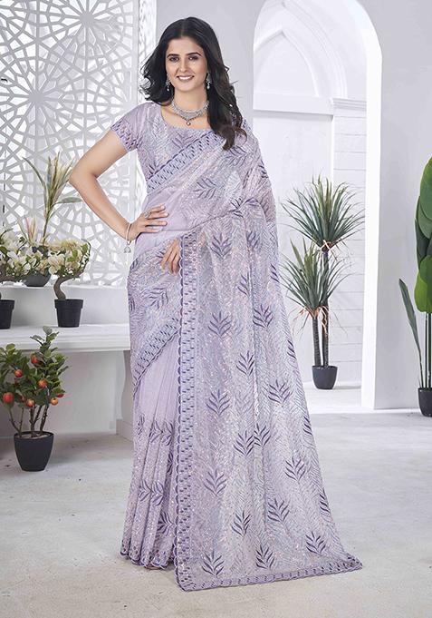 Lavender Embroidered Faux Tissue Saree Set