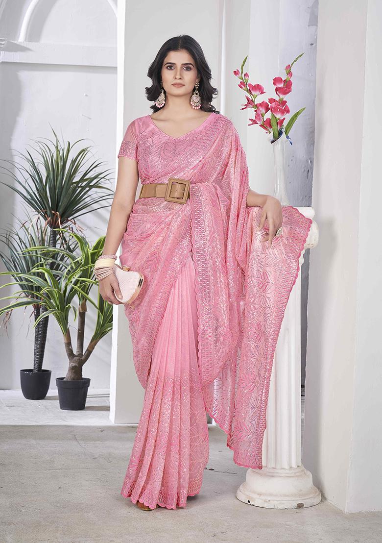 Pink Embroidered Faux Tissue Saree Set