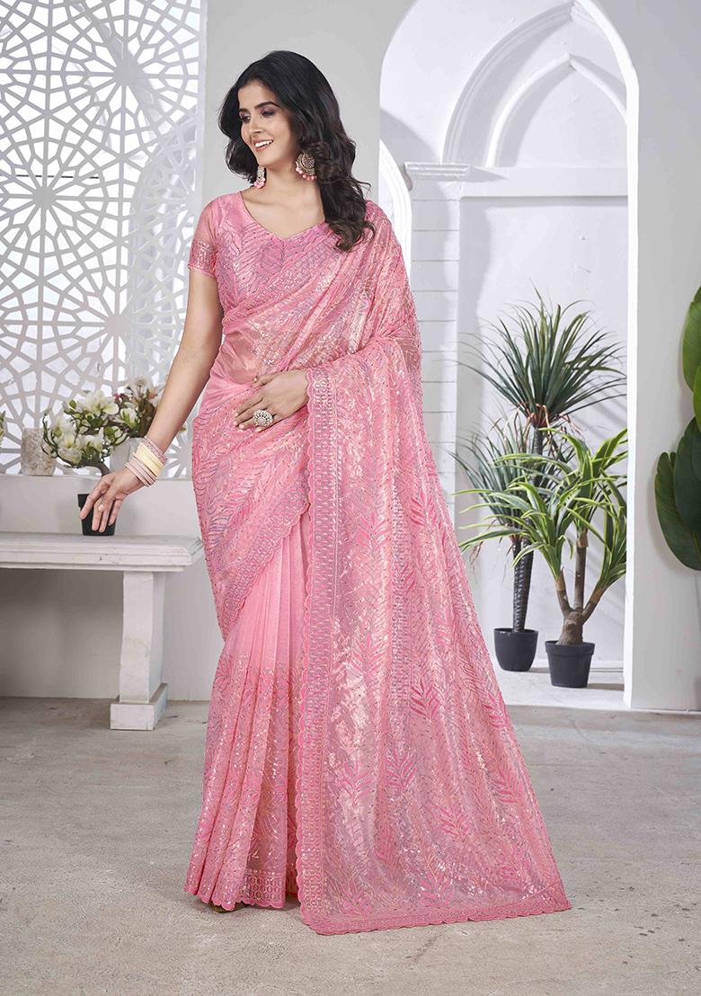Pink Embroidered Faux Tissue Saree Set