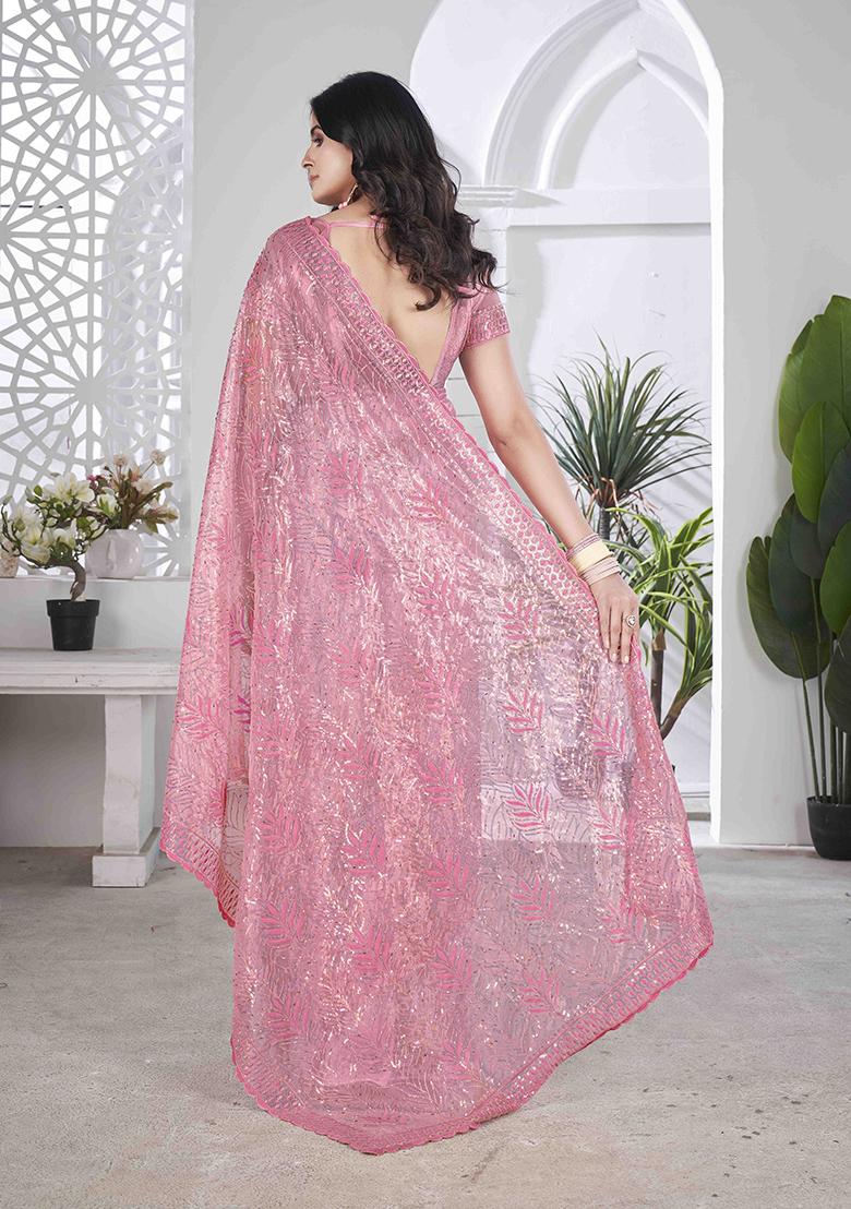 Pink Embroidered Faux Tissue Saree Set