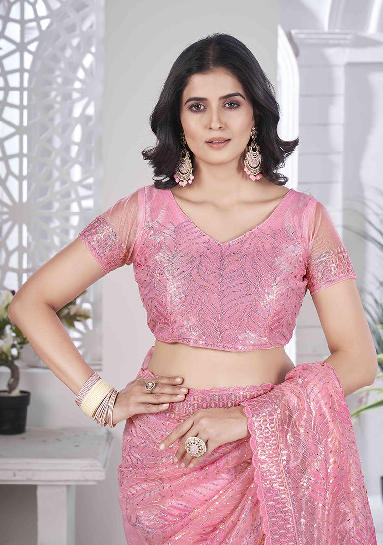Pink Embroidered Faux Tissue Saree Set