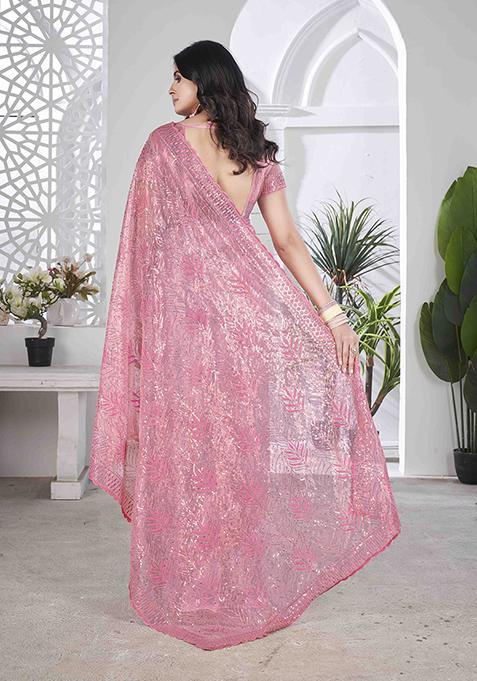Pink Embroidered Faux Tissue Saree Set