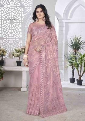 Mauve Embroidered Faux Tissue Saree Set