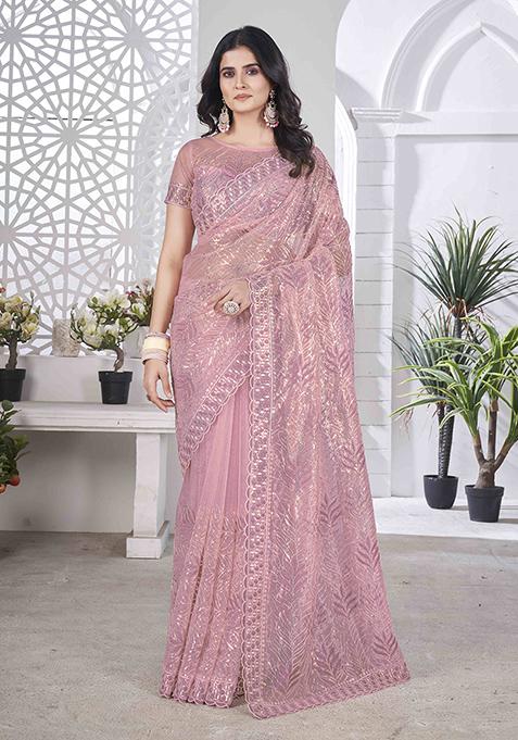Mauve Embroidered Faux Tissue Saree Set