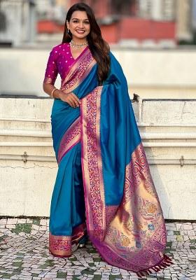 Teal Blue Woven Silk Blend Saree Set