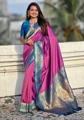 Purple Woven Silk Blend Saree Set