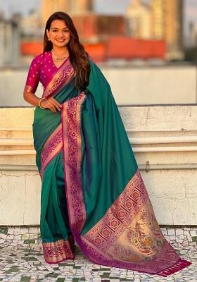 Sea Green Woven Silk Blend Saree Set