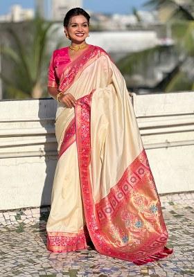 Cream Woven Silk Blend Saree Set